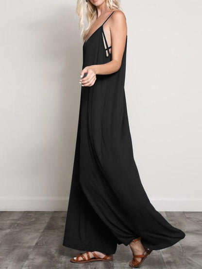 Burgundy&Black Loose Sleeveless Wide Leg Jumpsuits
