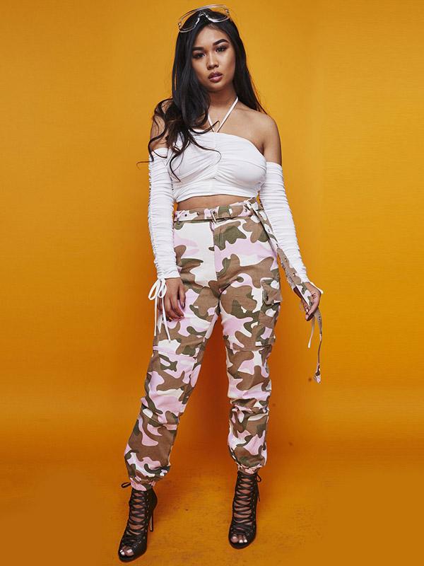 Plus Size Pink Camouflage Printed Track Pants