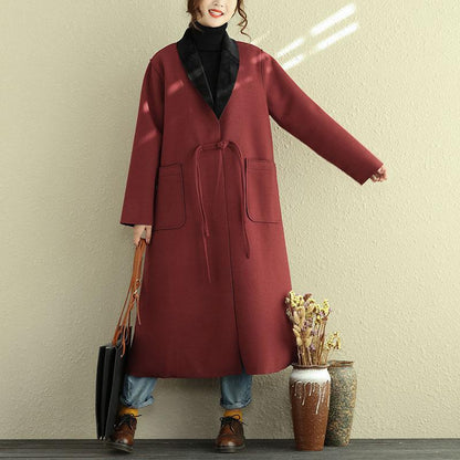 Casual Polo Collar Long Sleeve Red Women Woolen Coat