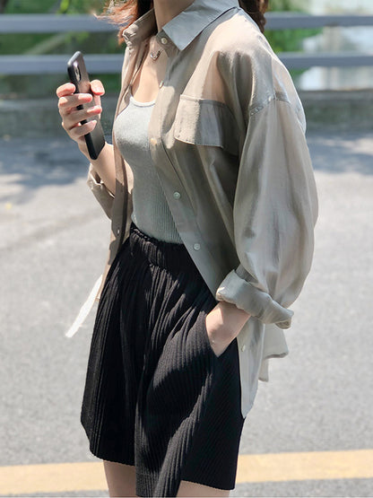 Casual Loose Solid Color Lapel Collar Long Sleeves Shirts