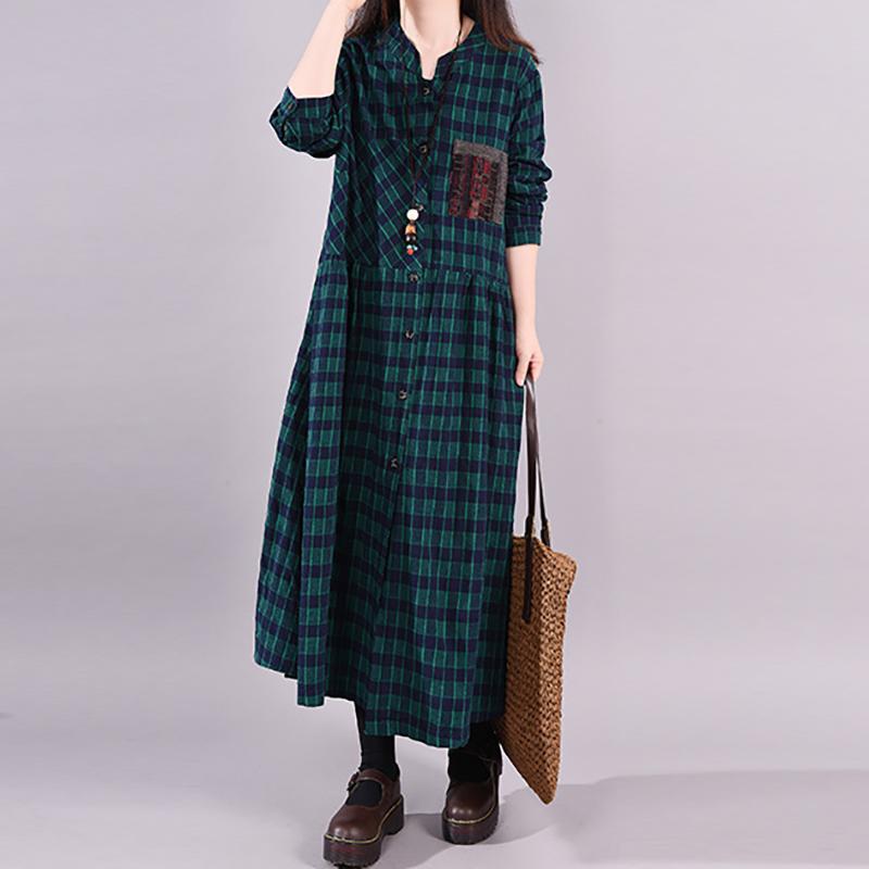 Buykud Long Sleeve Casual Plaid Patchwork Cotton Dress