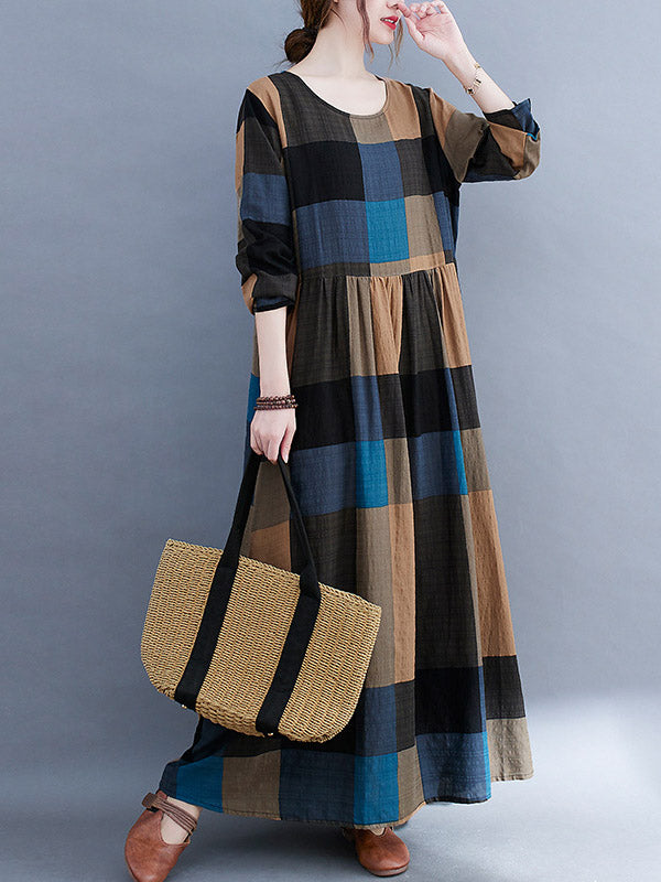 Vintage Ramie Cotton Long Sleeves A-Line Maxi Dresses