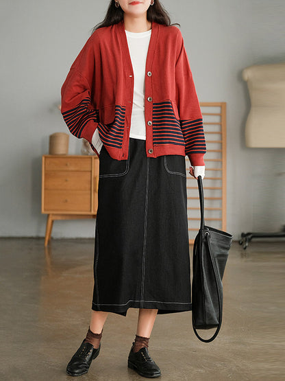 Casual Striped Buttoned V-Neck Batwing Sleeve Outerwear