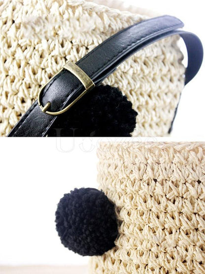 Cherry FurBall Pendant Straw Weaving Tote Bag