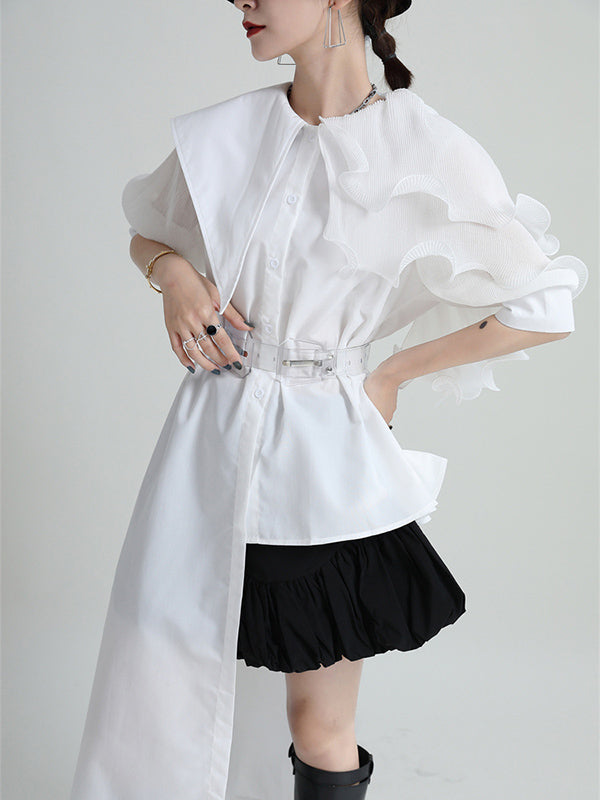 Stylish Irregular 4 Colors Split-Joint Pleated Mesh Falbala Buttoned Lapel Collar Bishop Sleeves Blouse