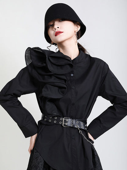 Stylish Falbala Split-Joint Solid Color Buttoned Stand Collar Long Sleeves Blouse