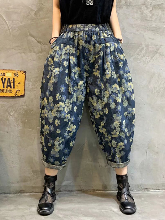Vintage Loose Contrast Color Floral Printed Harem Pants Jean