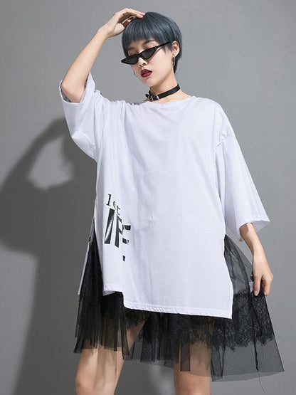 Mesh Asymmetric Printed Split-joint T-Shirt Dress