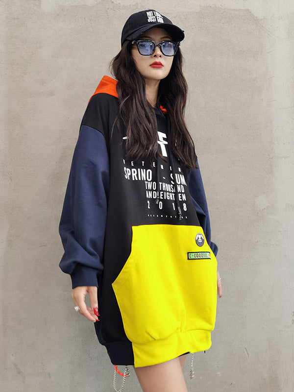 Original Split-Joint Contrast Color Letter Printed Batwing Sleeve Drawstring Hoodies