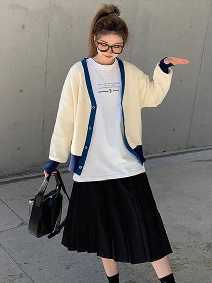Causal Contrast Color Buttoned V-Neck Long Sleeves Cardigan Outwear