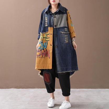 Buykud Letter Printed Hole Burr Casual Denim Dress