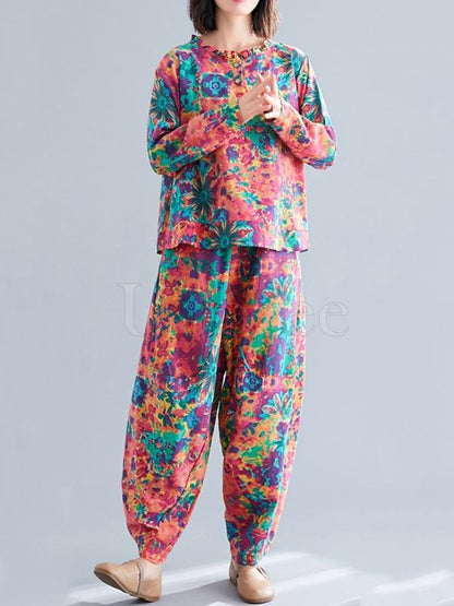 Loose Retro Floral Printed Blouses and Pants Suits