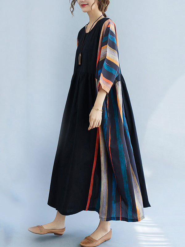 Vintage Split-Joint Round-Neck Loose Batwing Sleeve Midi Dress