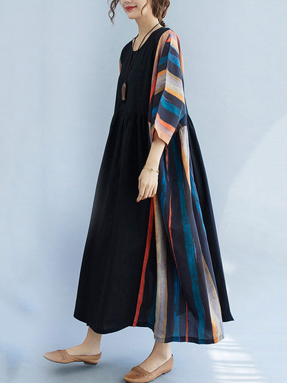 Vintage Split-Joint Round-Neck Loose Batwing Sleeve Midi Dress