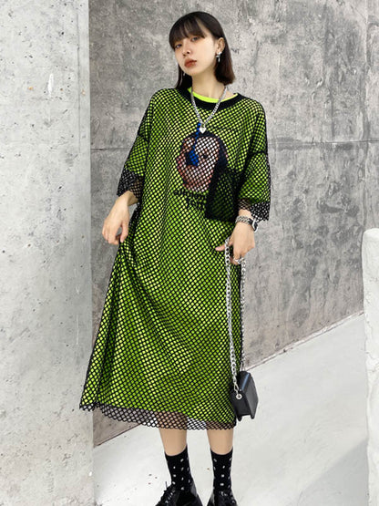 Stylish Hollow Mesh H-Line Short Sleeves Round-Neck Midi Dress