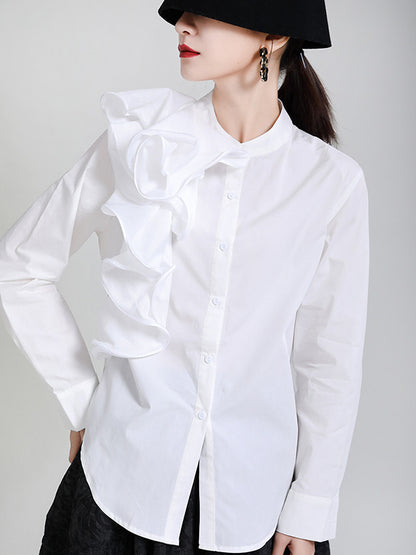 Stylish Falbala Split-Joint Solid Color Buttoned Stand Collar Long Sleeves Blouse