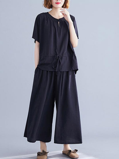 Loose Solid Tops + Wide Leg Pants Suit