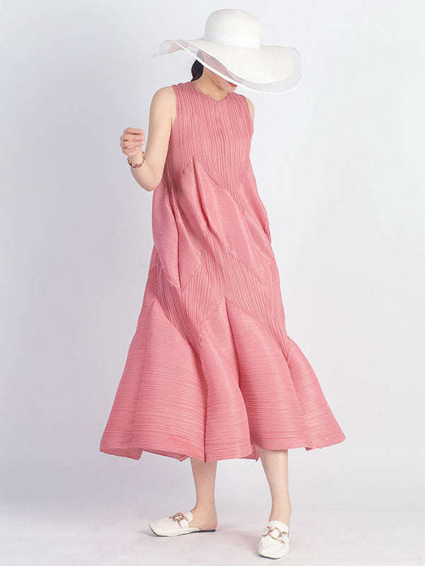 Casual Sleeveless Loose Pleated Solid Color Round-Neck Midi Dresses