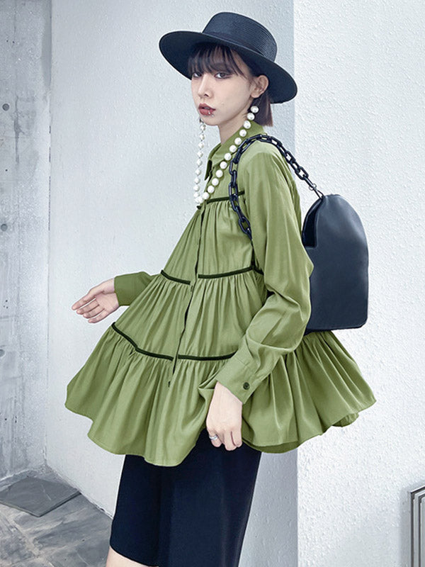 Original Buttoned Pleated Lapel Long Sleeves Blouse Tops