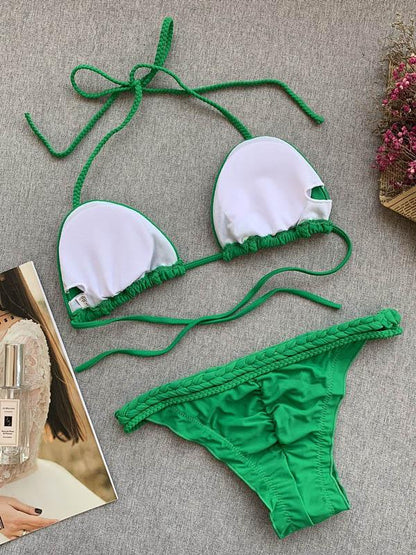 Solid Color Woven Rope Bikini Swimsuit