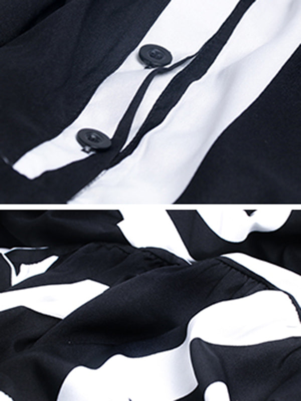 Loose Stand Collar Printed A-Line Midi Dress