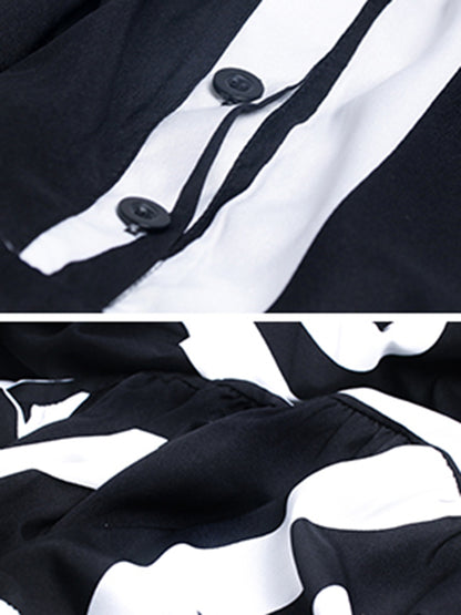 Loose Stand Collar Printed A-Line Midi Dress