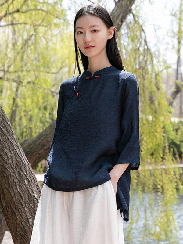 Vintage Tencel Buttoned Stand Collar High-Low Half Sleeves T-Shirt