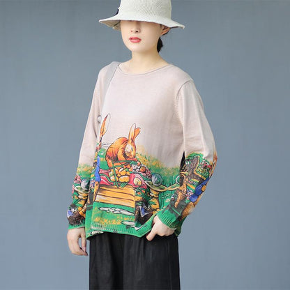 Buykud Cartoon Rabbit Printed Casual Knitted Shirt