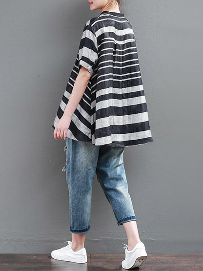 Vintage Loose Striped Stand Collar Shirt