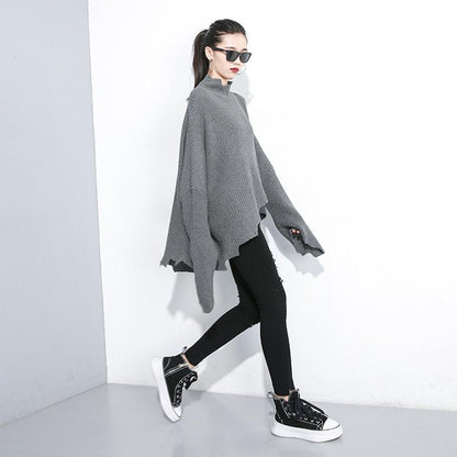 Buykud Turtleneck Personality Irregular Hem Loose Sweater
