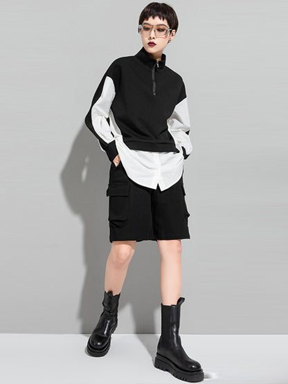 Stylish Split-Joint False Two Long Sleeves Zipper Stand Collar T-Shirt