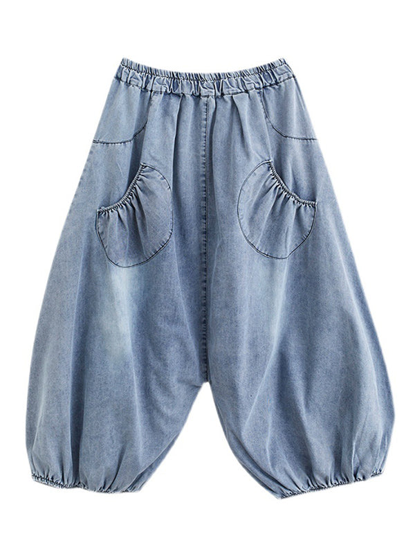 Loose Casual Elasticity High-Waist Wide Legs Jean Pants Knickerbockers