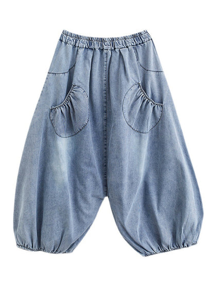 Loose Casual Elasticity High-Waist Wide Legs Jean Pants Knickerbockers