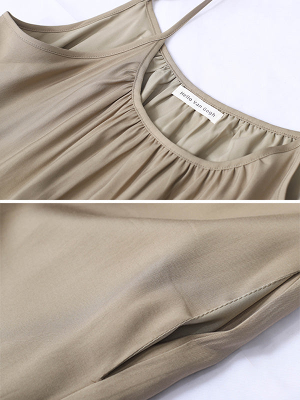 Leisure Fashion Loose Solid Color Pleated Spaghetti-Neck Midi Dress
