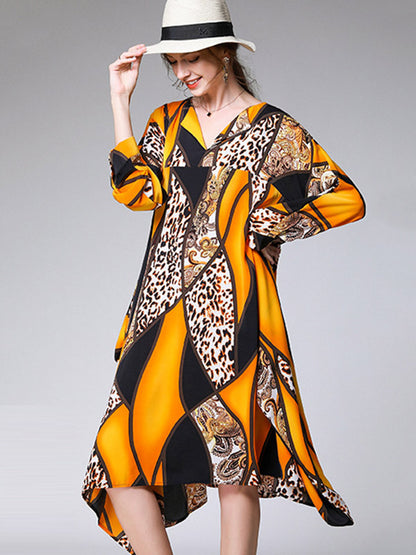 Casual Loose Split-Joint Contrast Color Leopard Floral Printed Lapel Collar Long Sleeves Midi Dress