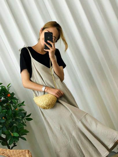 Cropped Loose Ramie Cotton Spaghetti-neck Midi Dresses