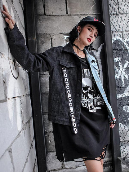Hip-hop Printed Split-joint Lapel Denim Jacket