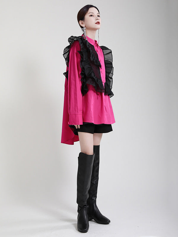 Stylish Irregular Contrast Color Split-Joint Falbala Mesh Drawstring Buttoned Lapel Collar Long Sleeves Blouse