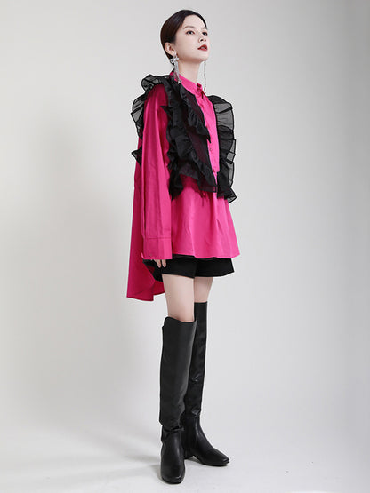Stylish Irregular Contrast Color Split-Joint Falbala Mesh Drawstring Buttoned Lapel Collar Long Sleeves Blouse