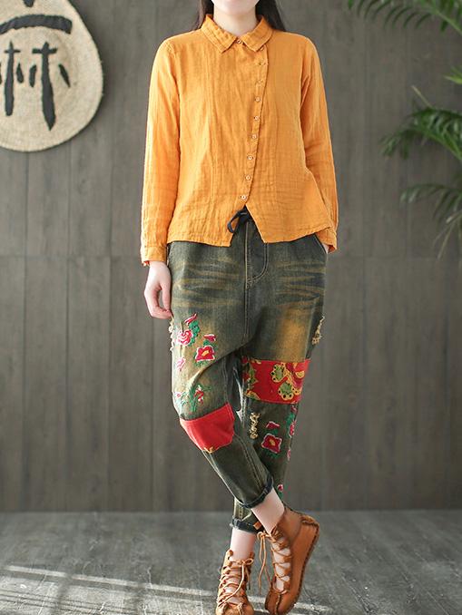 Ramie Cotton Solid Diagonal Button-design Shirt Top