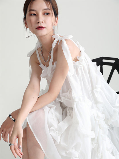 Stylish Cropped Pleated Split-Joint Bandage Spaghetti-Neck Midi Dress