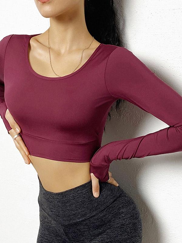 Solid Backless Long Sleeves Wrap Yoga Tee