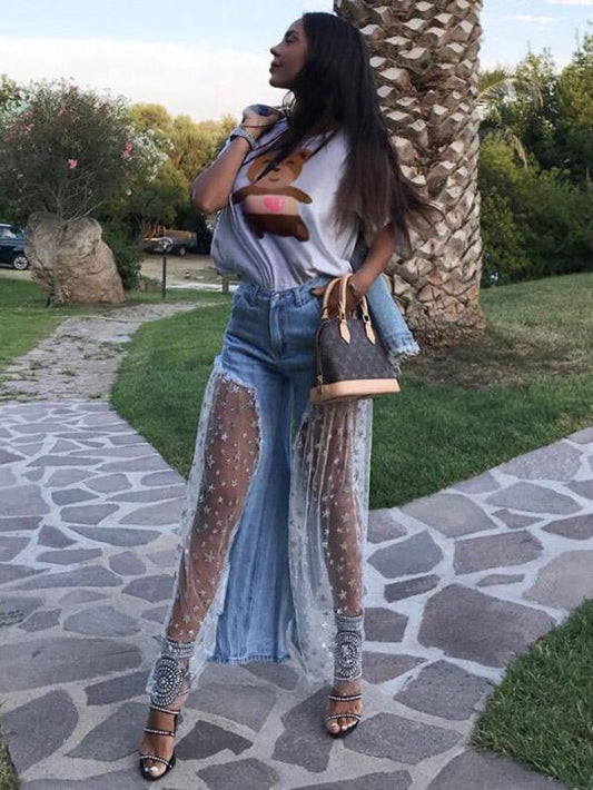 Mesh Stitched Fringed Wide-leg Jean Pants