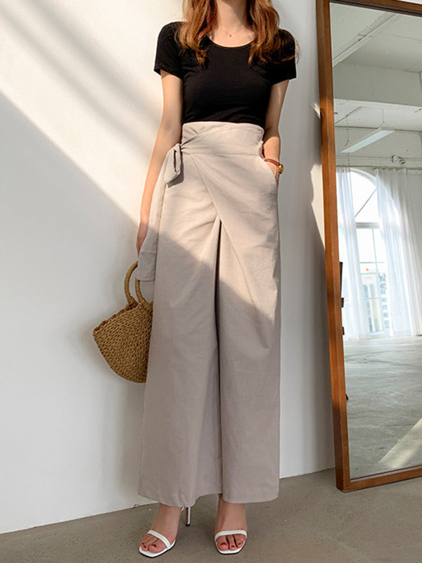 Simple 9 Colors Ramie Cotton Tied High-Waisted Pants