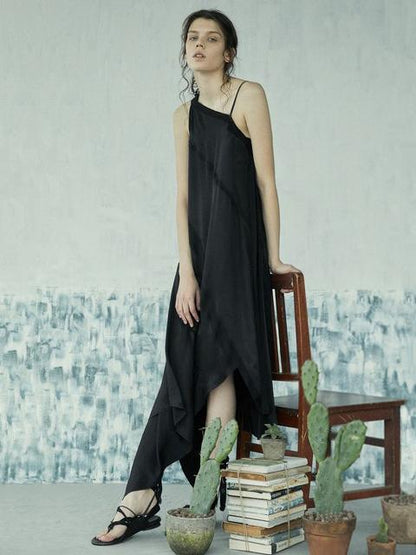 Simple Black Asymmetric Split-joint Long Dress