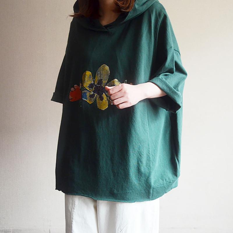 Cotton Print Loose Hooded Women Blouse