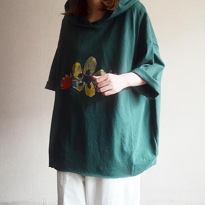 Cotton Print Loose Hooded Women Blouse
