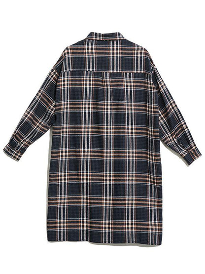 Loose Retro Lapel Plaid Shirt Dress