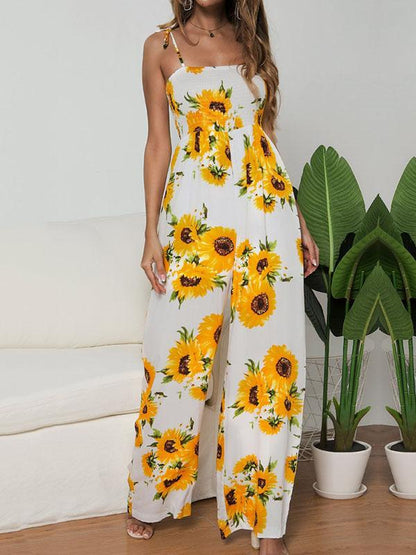 Sunflower Printed Spaghetti-neck Jumpsuits
