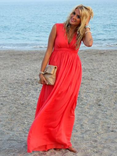 Ruffled V-neck Sleeveless Maxi Dress